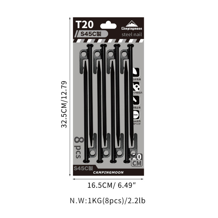 T-20-8P 8pcs Carbon Steel S45C Tent Stakes for Hard Ground, 7.87", Black Coating