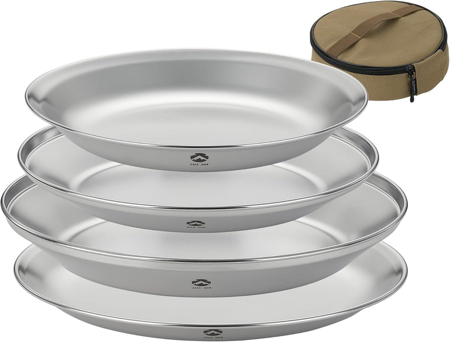 S397-1S 4-Piece Stainless Steel Camping Plates Set with Canvas Carry Bag