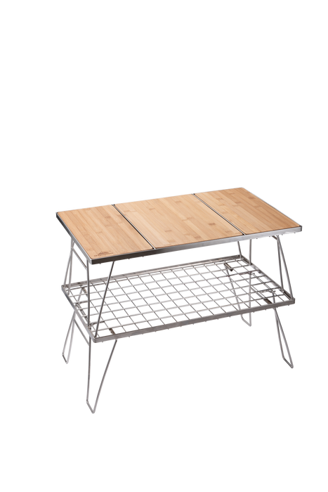CK-2-CP Camping IGT Grill Table Foldable w/Bamboo Top Plate Stainless Steel Double-tier