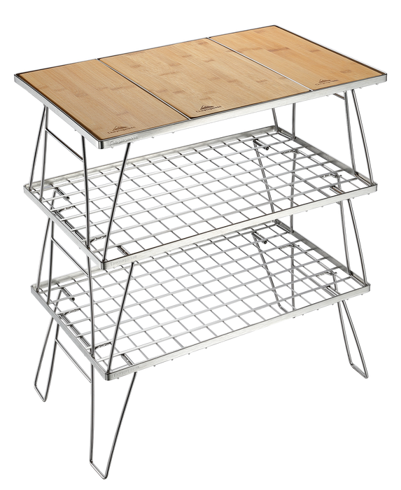CK-3-CP Camping IGT Grill Table Foldable w/Bamboo Top Plate Stainless Steel Triple-Tier