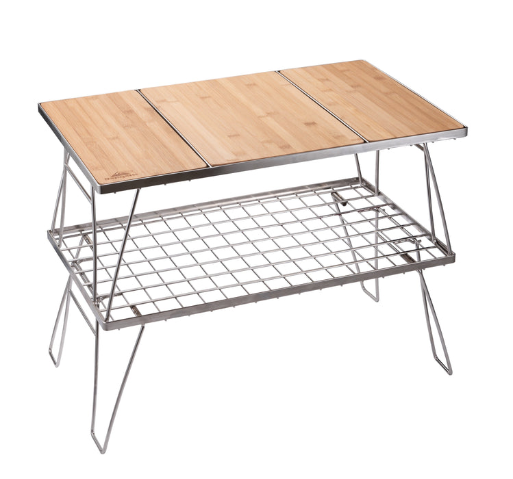 CK-2-CP Camping IGT Grill Table Foldable w/Bamboo Top Plate Stainless Steel Double-tier