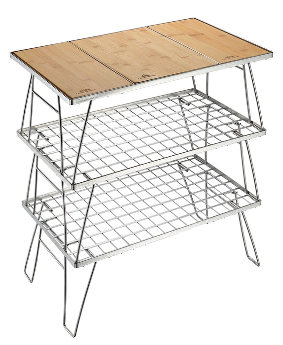 CK-3-CP Camping IGT Grill Table Foldable w/Bamboo Top Plate Stainless Steel Triple-Tier