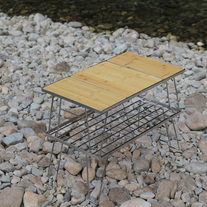 CK-2-CP Camping IGT Grill Table Foldable w/Bamboo Top Plate Stainless Steel Double-tier